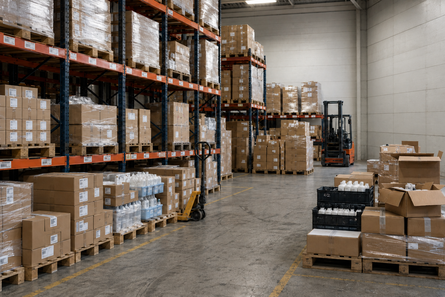 Modern warehouse with tall shelving, pallets of boxed goods, forklift, and personal care products ready for distribution